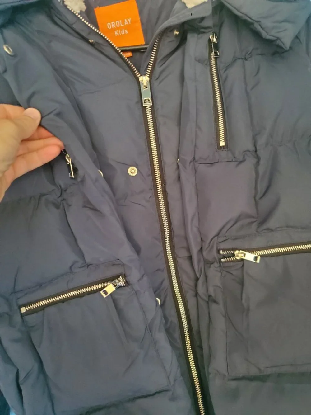 Orolay Kids Down Coat Size 150 11-12Y Navy Blue Puffer Jacket Fleece Hood